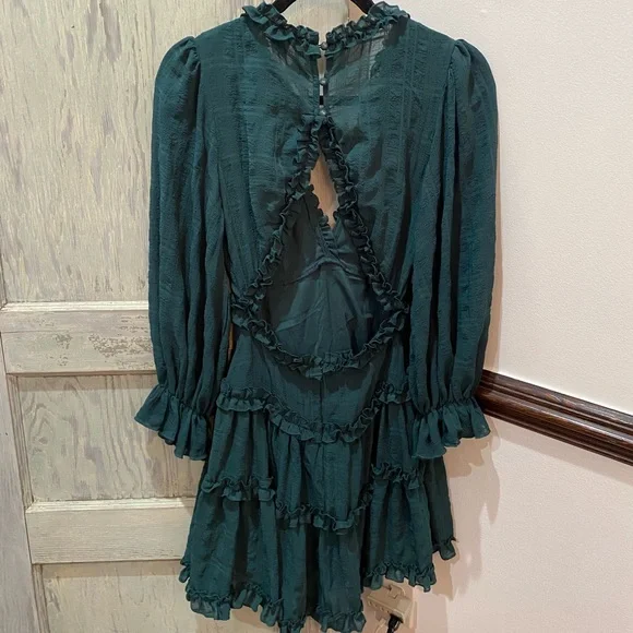 Angel Biba Emerald Green Cutout Back Long Balloon Sleeve Tiered Dress Size XS - Picture 5 of 7